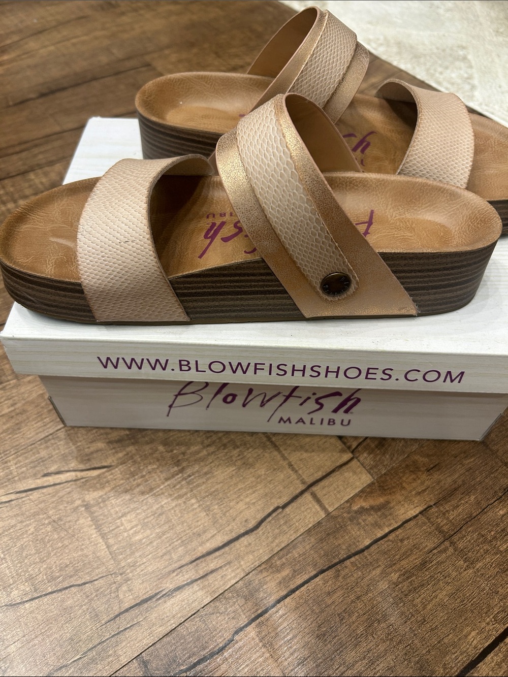 Blowfish Beige Double-Strap Buckle Slide Sandals - Picture 3 of 6